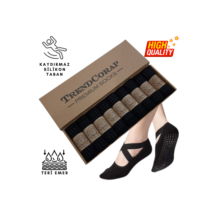TrendCorap Premium Kadın Kaydırmaz Silikon Baskı Tabanlı Pilates Yoga Fitness Bale Dans Aktivite Çorabı 9'lu - Siyah