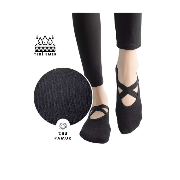 TrendCorap Premium Kadın Kaydırmaz Silikon Baskı Tabanlı Pilates Yoga Fitness Bale Dans Aktivite Çorabı 9'lu - Siyah