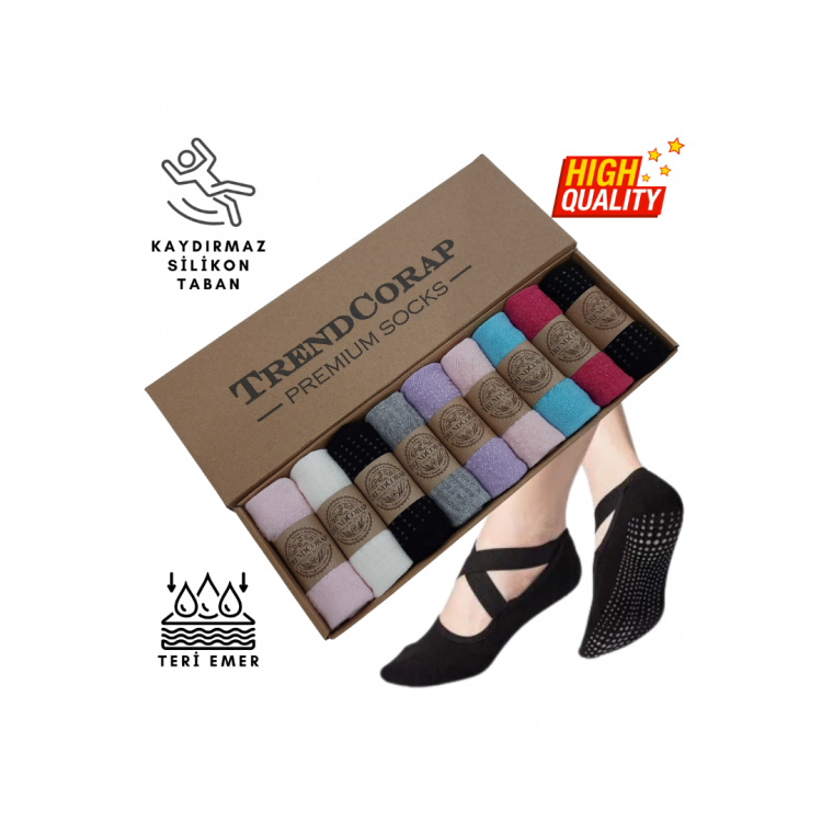 TrendCorap Premium Kadın Kaydırmaz Silikon Baskı Tabanlı Pilates Yoga Fitness Bale Dans Aktivite Çorabı 9'lu - Renkli