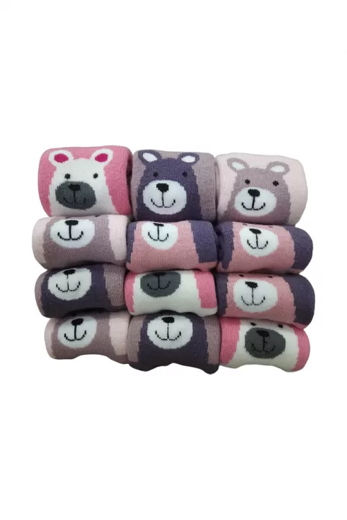 Panda 12 Çift Pamuklu Kışlık Kalın Havlu Kaydırmaz Silikon Tabanlı Kız Çocuk Çorabı