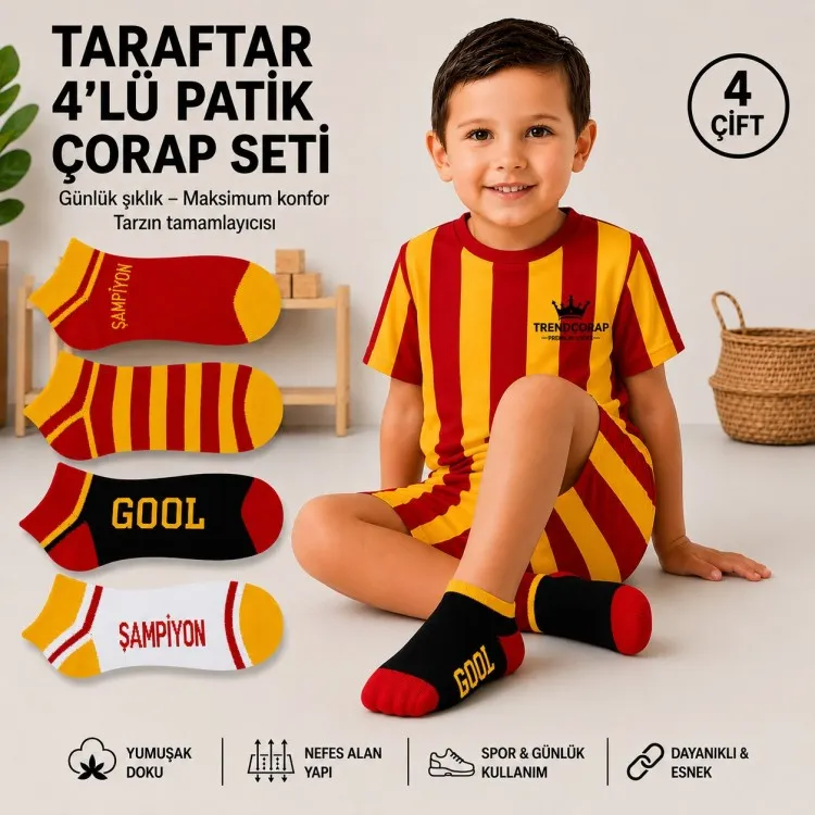 TrendCorap Taraftar Çocuk Doğal Pamuklu Patik Çorap 4'lü Set 3-12 Yaş Sarı - Kırmızı