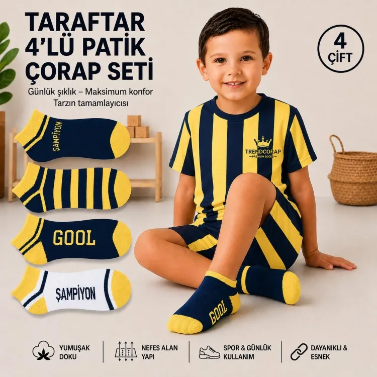 TrendCorap Taraftar Çocuk Doğal Pamuklu Patik Çorap 4'lü Set 3-12 Yaş Sarı - Lacivert