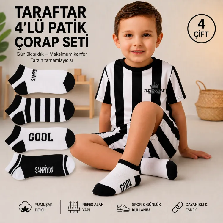TrendCorap Taraftar Çocuk Doğal Pamuklu Patik Çorap 4'lü Set 3-12 Yaş Siyah - Beyaz